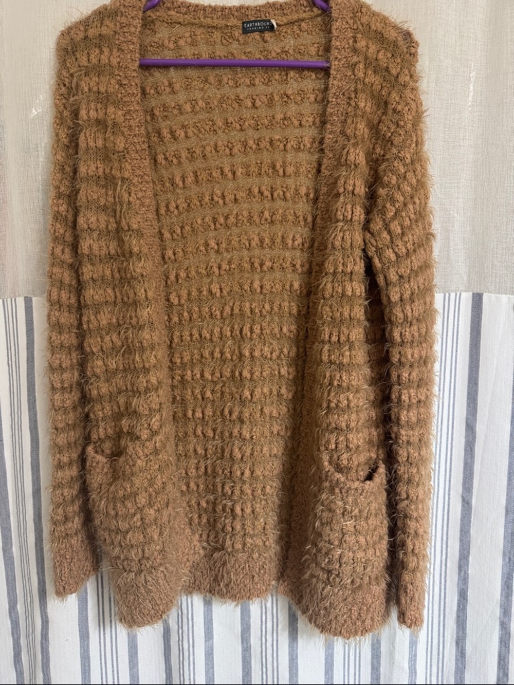 EARTHBOUND Open-Front Fuzzy Knit Cardigan - Camel Brown